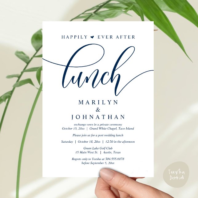 Lyckligtvis efter Lunch, efter Bröllop Inbjudningar (Happily Ever After Lunch, Wedding Party Invitation Card PDF Modern Romantic Navy Blue)