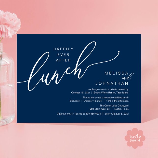 Lyckligtvis efter Lunch Romantic Post Bröllop Inbjudningar (Happily Ever After Lunch Romantic Post Wedding Invitation Card PDF in Navy Blue)