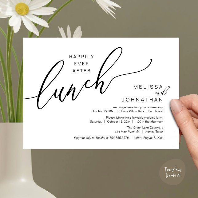 Lyckligtvis efter Lunch Romantic Post Bröllop Inbjudningar (Happily Ever After Lunch Romantic Post Wedding Invitation Card PDF in Black White)