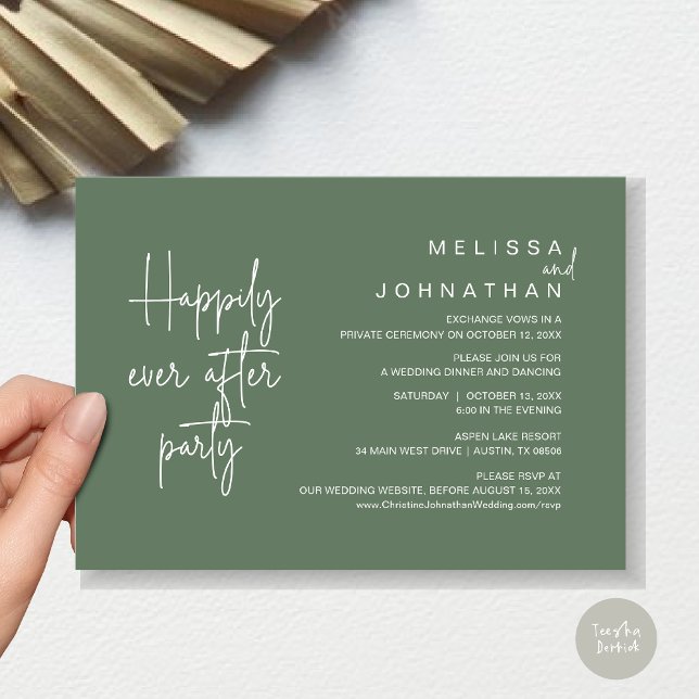 Lyckligtvis efter middagen, Bröllop Elopement Inbjudningar (Happily Ever After Party, Modern Wedding Elopement Dinner Invitation Card, PDF, in Sage Green)