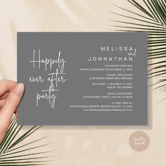 Lyckligtvis efter middagen, Bröllop Elopement Inbjudningar (Happily Ever After Party, Modern Wedding Elopement Dinner Invitation Card, PDF, in Dark Grey)