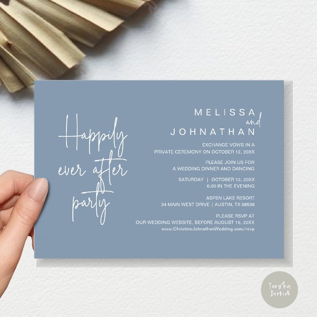 Lyckligtvis efter middagen, Bröllop Elopement Inbjudningar (Happily Ever After Party, Modern Wedding Elopement Dinner Invitation Card, PDF, in Dusty Blue)