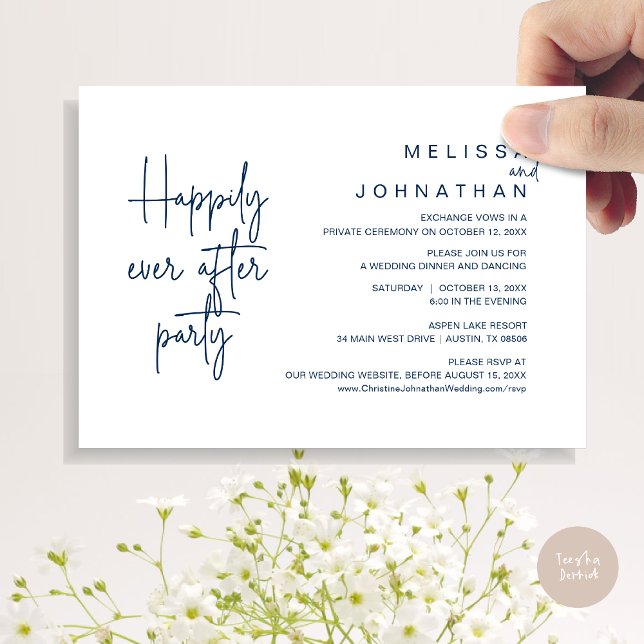Lyckligtvis efter middagen, Bröllop Elopement Inbjudningar (Happily Ever After Party, Modern Wedding Elopement Dinner Invitation Card, PDF, in Navy Blue)