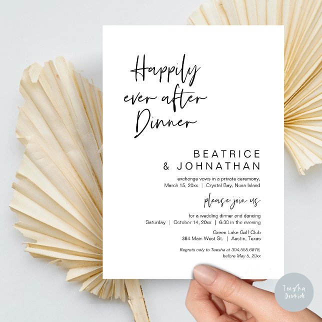 Lyckligtvis efter middagen, Bröllop Elopement Inbjudningar (Happily Ever After Dinner, Modern Wedding Elopement Party Invitation Card, PDF, in Black and White)