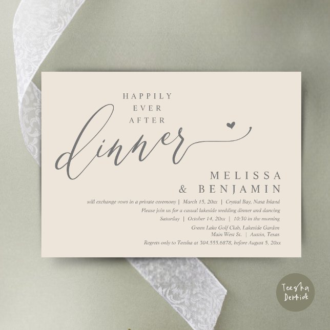 Lyckligtvis efter middagen Bröllop Heart Inbjudningar (Happily Ever After Dinner Invitation Card, PDF, Romantic Wedding Elopement, Lovely Heart, Cream Grey)