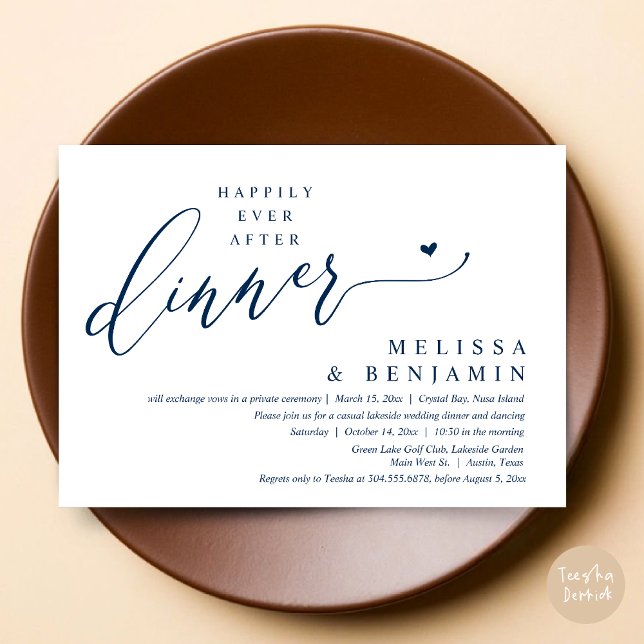 Lyckligtvis efter middagen Bröllop Heart Inbjudningar (Happily Ever After Dinner Invitation Card, PDF, Romantic Wedding Elopement, Lovely Heart, Navy Blue)