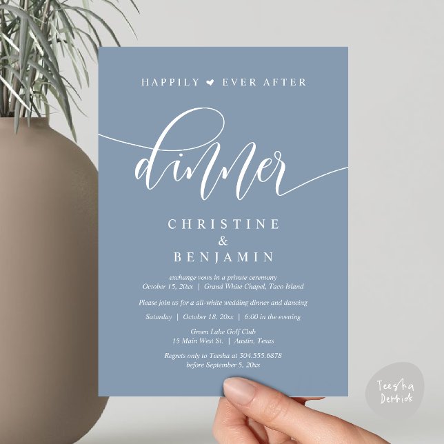 Lyckligtvis efter middagen, Bröllopsfest Dansing Inbjudningar (Happily Ever After Dinner, Wedding Party Dancing Invitation Card PDF Modern Rustic Dusty Blue)