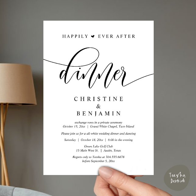 Lyckligtvis efter middagen, Bröllopsfest Dansing Inbjudningar (Happily Ever After Dinner, Wedding Party Dancing Invitation Card PDF Modern Romantic Black White)