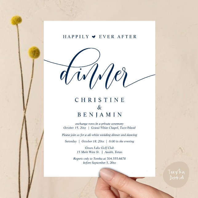 Lyckligtvis efter middagen, Bröllopsfest Dansing Inbjudningar (Happily Ever After Dinner, Wedding Party Dancing Invitation Card PDF Modern Romantic Navy Blue)