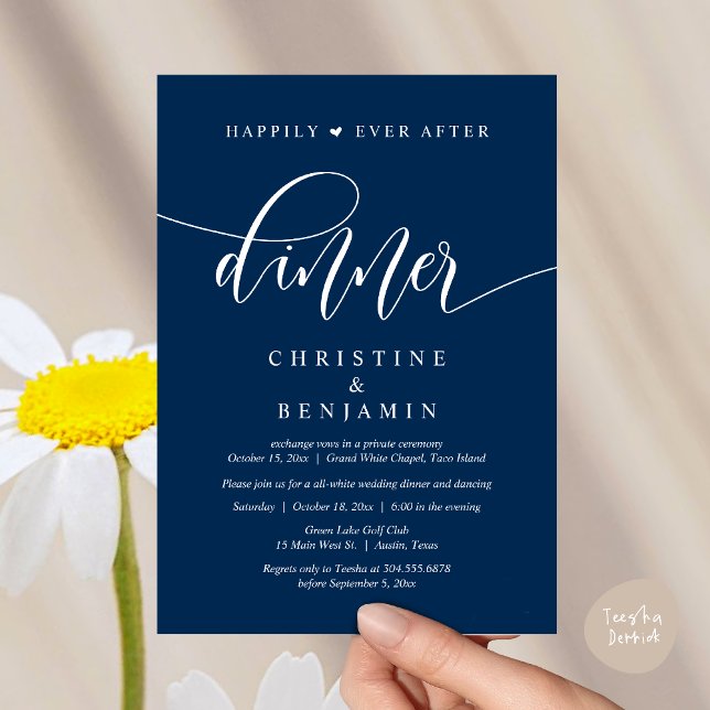 Lyckligtvis efter middagen, Bröllopsfest Dansing Inbjudningar (Happily Ever After Dinner, Wedding Party Dancing Invitation Card PDF Modern Romantic Navy Blue)