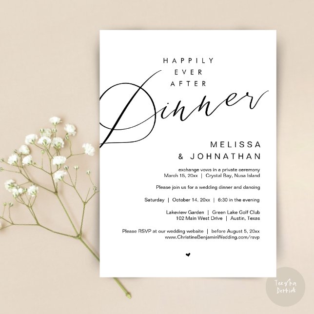 Lyckligtvis efter middagen, Bröllopsfest, i svart Inbjudningar (Happily Ever After Dinner Invitation Card, PDF, Modern Romantic Wedding Elopement , in Black White)
