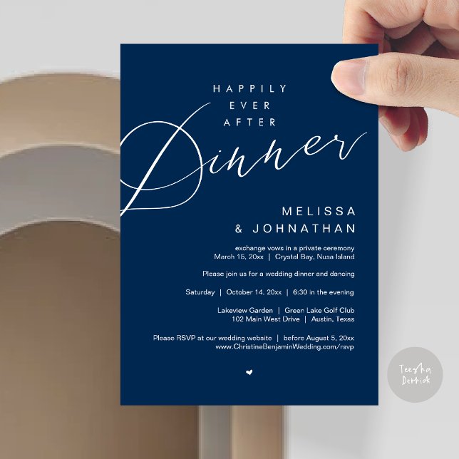 Lyckligtvis efter middagen, Bröllopsfest, marinblå Inbjudningar (Happily Ever After Dinner Invitation Card, PDF, Modern Romantic Wedding Elopement , in Navy Blue)