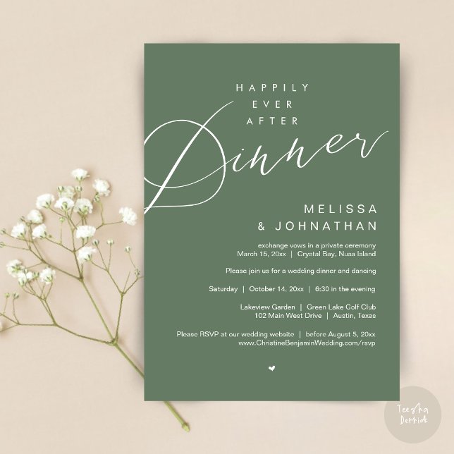 Lyckligtvis efter middagen, Bröllopsfesten, på sid Inbjudningar (Happily Ever After Dinner Invitation Card, PDF, Modern Romantic Wedding Elopement , in Sage Green)
