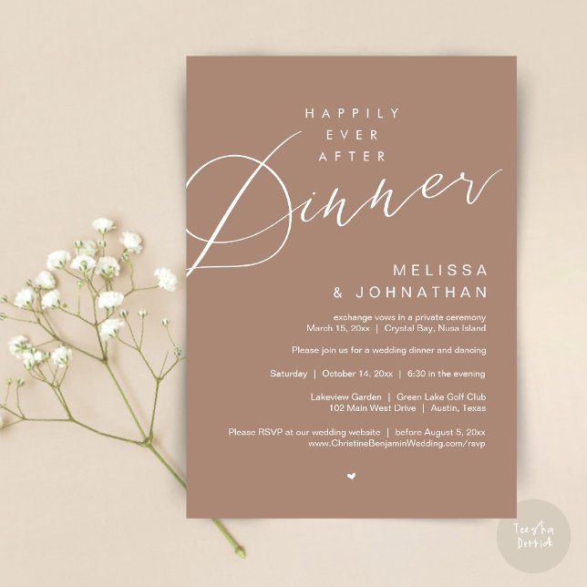 Lyckligtvis efter middagen, Bröllopsfesten, Taupe Inbjudningar (Happily Ever After Dinner Invitation Card, PDF, Modern Romantic Wedding Elopement , in Warm Taupe)