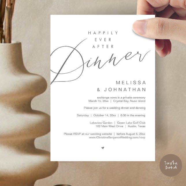 Lyckligtvis efter middagen, Bröllopsfestens Mörk G Inbjudningar (Happily Ever After Dinner Invitation Card, PDF, Modern Romantic Wedding Elopement , in Dark Grey)
