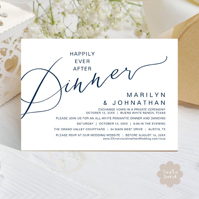 Lyckligtvis efter middagen, modern Bröllopsfest Inbjudningar (Happily ever after Romantic Wedding Dinner Party Invitation Card Modern Boho PDF Classy Navy Blue)