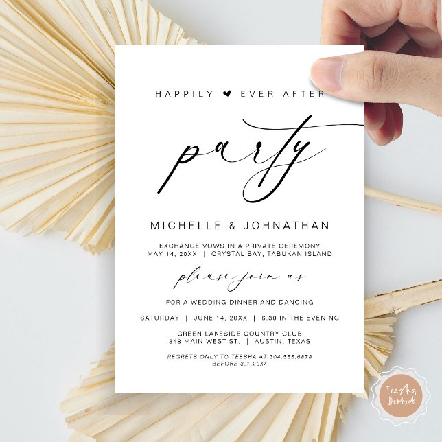 Lyckligtvis efter middagen Party, Bröllop Elopemen Inbjudningar (Happily Ever After Party, Wedding Elopement Dinner Brunch Invitation Card, PDF, Black and WHite)