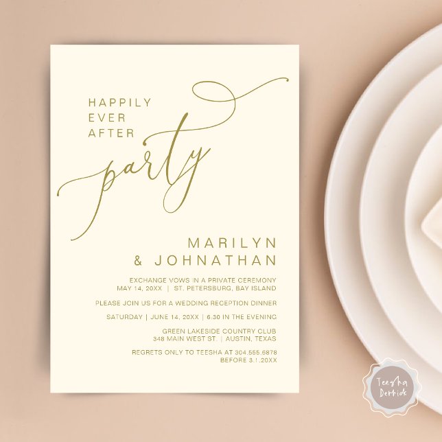 Lyckligtvis efter mottagningen, middagen och dansa inbjudningar (Happily Ever After Reception Dinner and Dancing Cash Bar, Adult only Invitation Card PDF Yellow Gold)