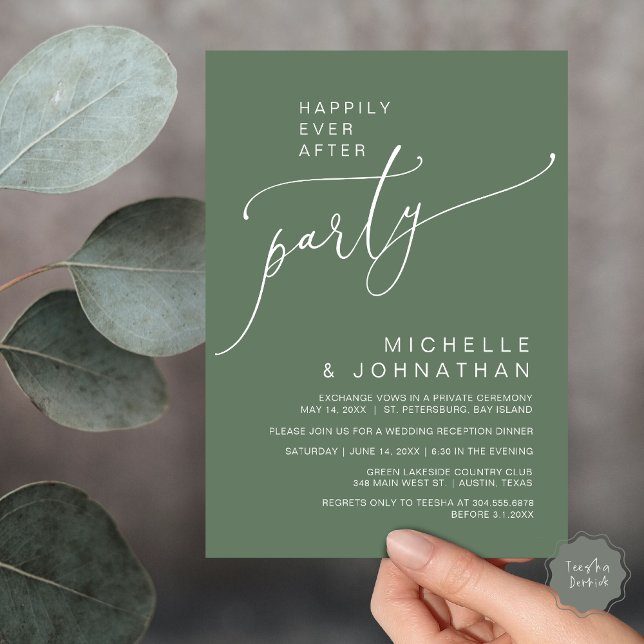 Lyckligtvis efter mottagningen, middagen och dansa inbjudningar (Happily Ever After Reception Dinner and Dancing Cash Bar, Adult only Invitation Card PDF Sage Green)