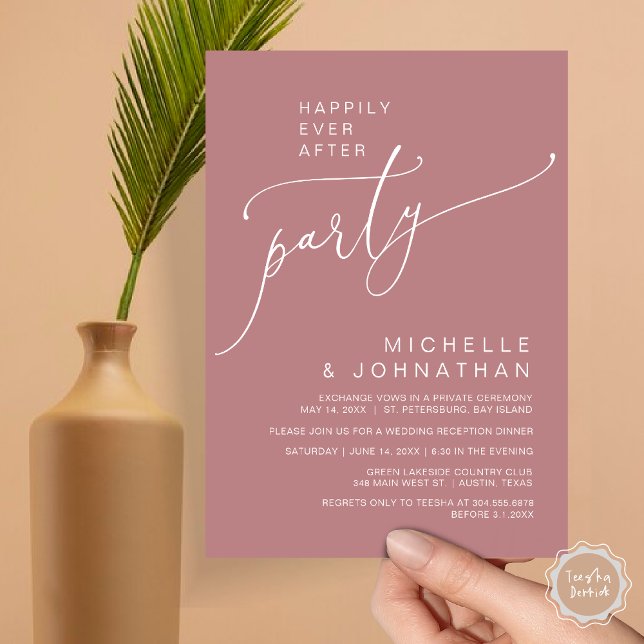 Lyckligtvis efter mottagningen, middagen och dansa inbjudningar (Happily Ever After Reception Dinner and Dancing Cash Bar, Adult only Invitation Card PDF Dusty Rose)