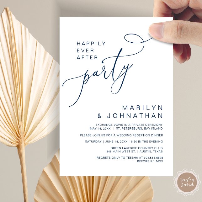 Lyckligtvis efter mottagningen, middagen och dansa inbjudningar (Happily Ever After Reception Dinner and Dancing Cash Bar, Adult only Invitation Card PDF Navy Blue)