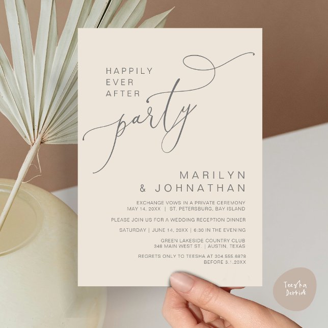 Lyckligtvis efter mottagningen, middagen och dansa inbjudningar (Happily Ever After Reception Dinner and Dancing Cash Bar, Adult only Invitation Card PDF Cream Grey)