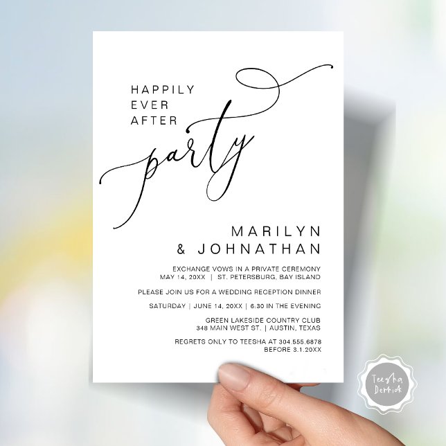 Lyckligtvis efter mottagningen, middagen och dansa inbjudningar (Happily Ever After Reception Dinner and Dancing Cash Bar, Adult only Invitation Card PDF White Black)