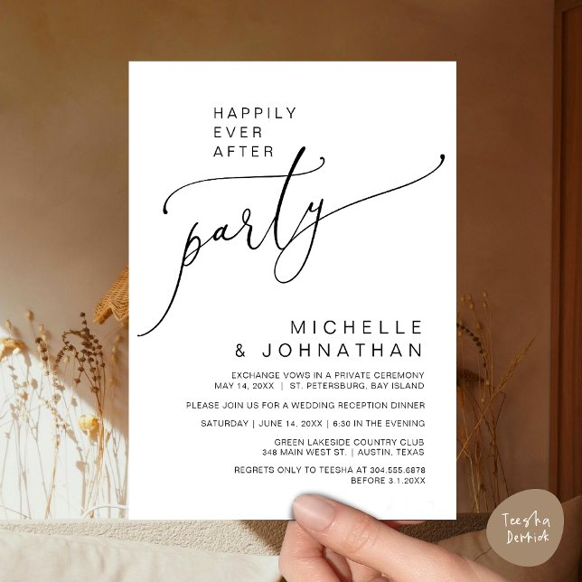 Lyckligtvis efter mottagningen, middagen och dansa inbjudningar (Happily Ever After Reception Dinner and Dancing Cash Bar, Adult only Invitation Card PDF White Black)