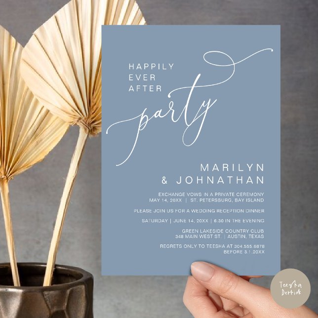 Lyckligtvis efter mottagningen, middagen och dansa inbjudningar (Happily Ever After Reception Dinner and Dancing Cash Bar, Adult only Invitation Card PDF Dusty Blue)