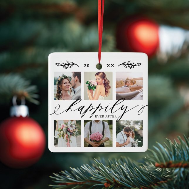 Lyckligtvis efter Newlyweds Bröllop Fotokollage Julgransprydnad Keramik (Happily Ever After Newlyweds Wedding Photo Collage Ceramic Ornament)