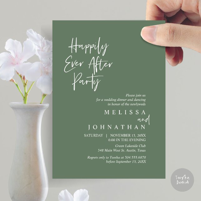 Lyckligtvis efter Party, Bröllop Elopement Middag Inbjudningar (Happily Ever after Party, Wedding Elopement Dinner Invitation Card, PDF, in Forest Sage Green)