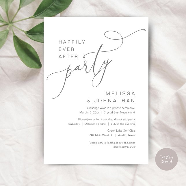 Lyckligtvis efter Party, Bröllop,, Grått Inbjudningar (Happily Ever After Party, Romantic Wedding Dinner and Dancing Invitation Card, PDF, in Dark Grey)