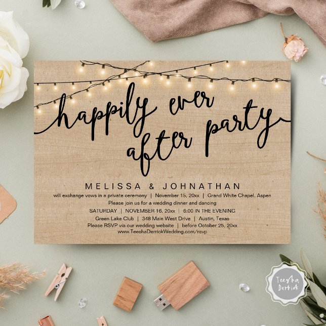 Lyckligtvis efter Party, Bröllop-middag i Rustic Inbjudningar (Happily Ever After Party, Rustic Wedding Dinner Invitation Card, PDF, Cottage Brown Wood Graphic)