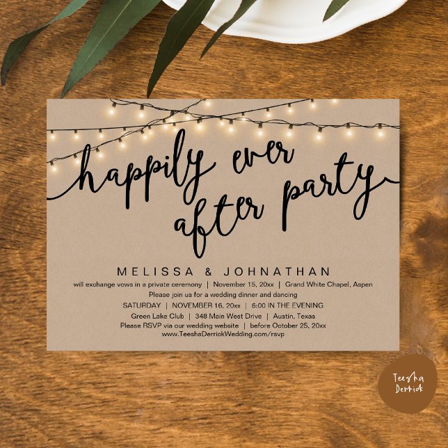 Lyckligtvis efter Party, Bröllop-middag i Rustic Inbjudningar (Happily Ever After Party, Rustic Wedding Dinner Invitation Card, PDF, Cottage Brown Kraft Graphic)