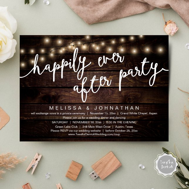 Lyckligtvis efter Party, Bröllop-middag i Rustic Inbjudningar (Happily Ever After Party, Rustic Wedding Dinner Invitation Card, PDF, Cottage Brown Wood Graphic)