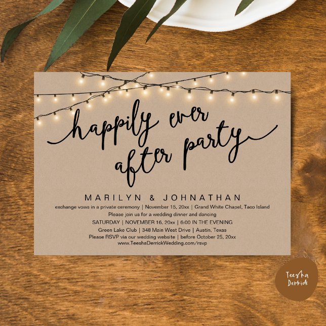 Lyckligtvis efter Party, Bröllop-middag i Rustic Inbjudningar (Happily Ever After Party, Rustic Wedding Dinner Dancing Invitation Card, PDF, Brown Wood Background)
