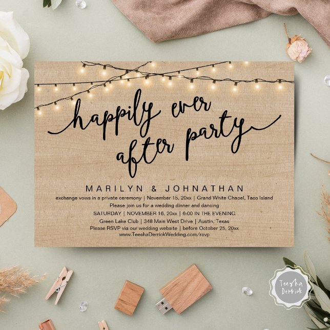 Lyckligtvis efter Party, Bröllop-middag i Rustic Inbjudningar (Happily Ever After Party, Rustic Wedding Dinner Dancing Invitation Card, PDF, Brown Wood Background)