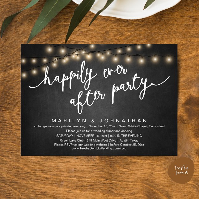Lyckligtvis efter Party, Bröllop-middag i Rustic Inbjudningar (Happily Ever After Party, Rustic Wedding Dinner Dancing Invitation Card, PDF, Chalkboard Background)