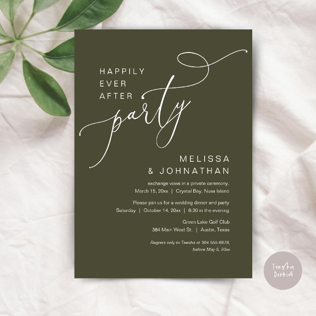 Lyckligtvis efter Party, Bröllop, middag, Olive Inbjudningar (Happily Ever After Party, Romantic Wedding Dinner and Dancing Invitation Card, PDF, in Olive Green)