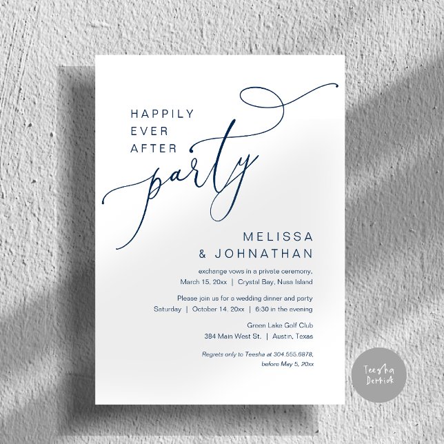 Lyckligtvis efter Party, Bröllop, middagen, flotta Inbjudningar (Happily Ever After Party, Romantic Wedding Dinner and Dancing Invitation Card, PDF, in Navy Blue)