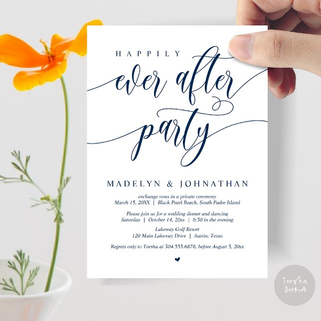 Lyckligtvis efter Party Bröllop-middagen, marinblå Inbjudningar (Happily Ever After Party, Modern Calligraphy Wedding Dinner Invitation Card, PDF, in Navy Blue)
