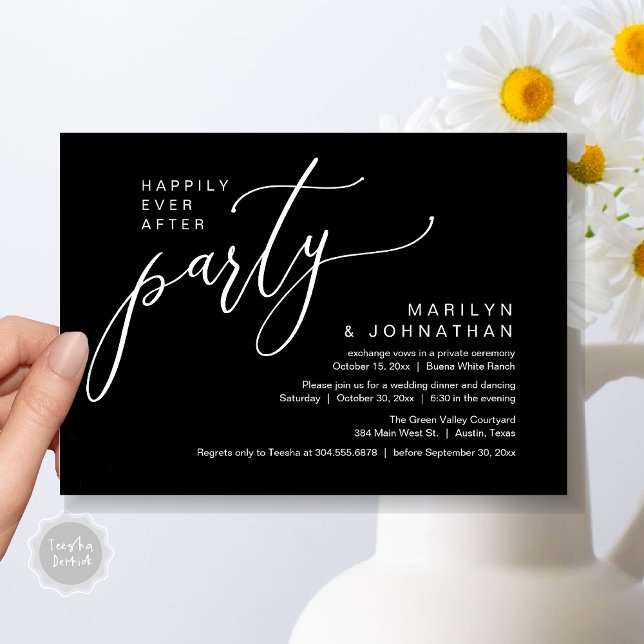 Lyckligtvis efter Party bröllopsmiddagen Inbjudningar (Happily Ever After Party Modern Romantic Wedding Reception Dinner Invitation Card PDF Classy Black)
