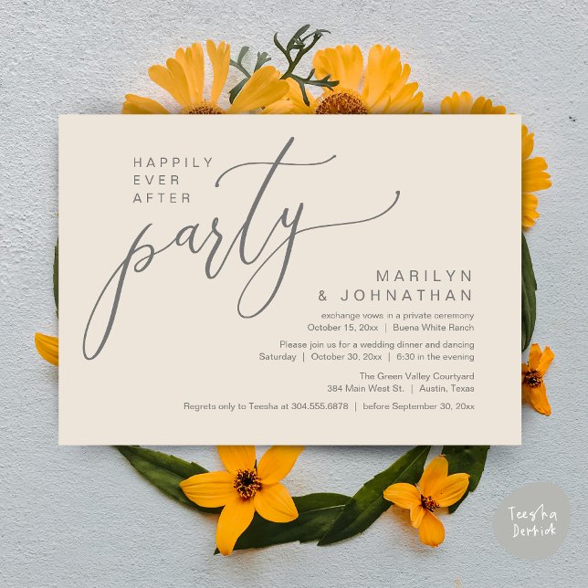 Lyckligtvis efter Party bröllopsmiddagen Inbjudningar (Happily Ever After Party Modern Romantic Wedding Reception Dinner Invitation Card PDF Cream Grey)