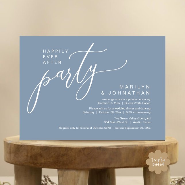 Lyckligtvis efter Party bröllopsmiddagen Inbjudningar (Happily Ever After Party Modern Romantic Wedding Reception Dinner Invitation Card PDF Dusty Blue)