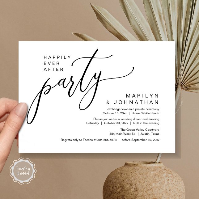 Lyckligtvis efter Party bröllopsmiddagen Inbjudningar (Happily Ever After Party Modern Romantic Wedding Reception Dinner Invitation Card PDF White Black)