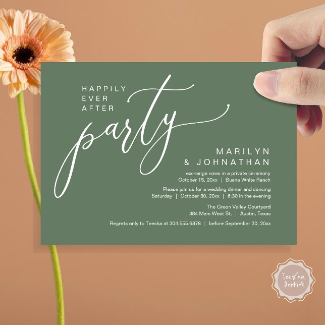 Lyckligtvis efter Party bröllopsmiddagen Inbjudningar (Happily Ever After Party Modern Romantic Wedding Reception Dinner Invitation Card PDF Sage Green)