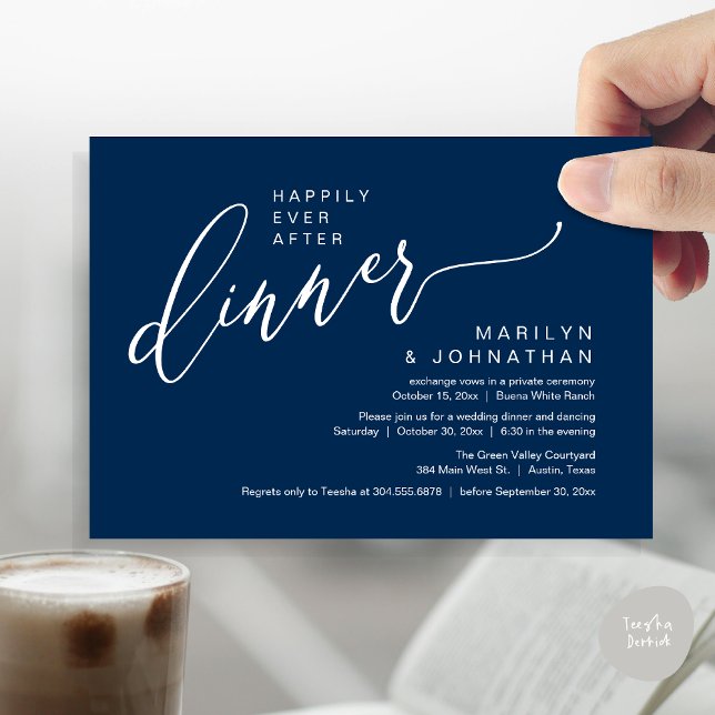 Lyckligtvis efter Party bröllopsmiddagen Inbjudningar (Happily Ever After Party Modern Romantic Wedding Reception Dinner Invitation Card PDF Navy Blue)