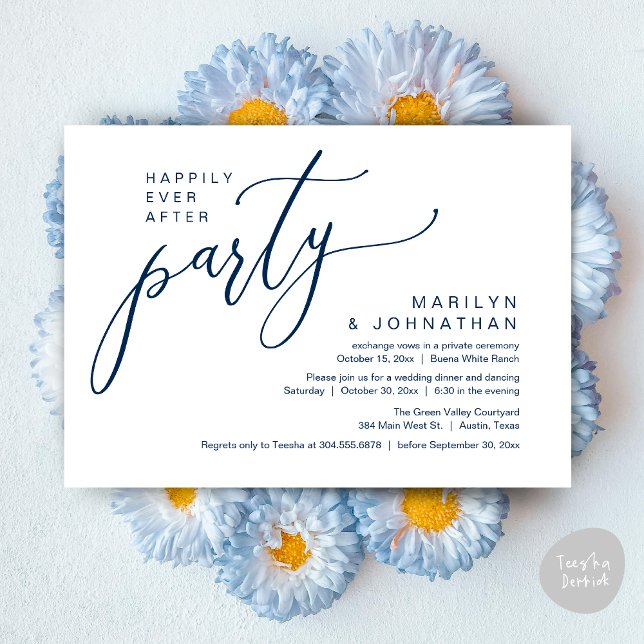 Lyckligtvis efter Party bröllopsmiddagen Inbjudningar (Happily Ever After Party Modern Romantic Wedding Reception Dinner Invitation Card PDF Navy Blue)