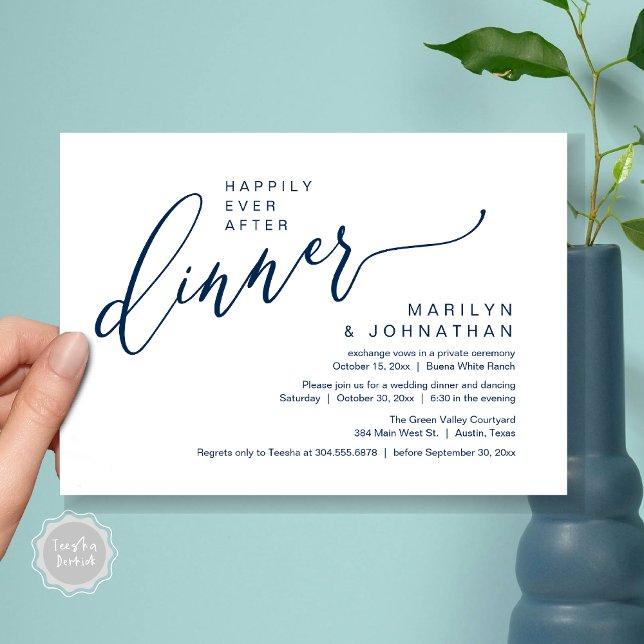 Lyckligtvis efter Party bröllopsmiddagen Inbjudningar (Happily Ever After Party Modern Romantic Wedding Reception Dinner Invitation Card PDF Navy Blue)