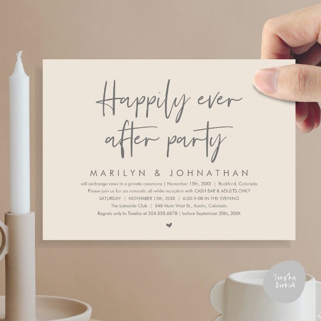 Lyckligtvis efter Party, bröllopsmottagning Inbjudningar (Happily Ever After Party, Modern Wedding Reception Invitation Card, PDF, Cash Bar in Dark Grey Cream)
